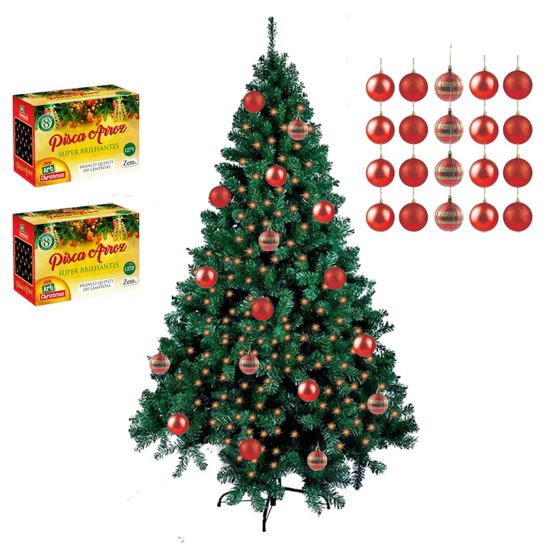 Árvore De Natal Pinheiro 1,50m Decorada Dinamarca 345 Galhos + 22 Itens Pisca Pisca Kit