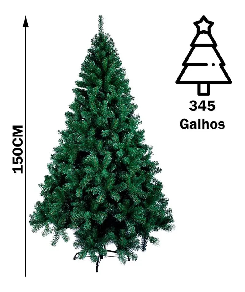 Árvore De Natal Pinheiro 1,50m Decorada Dinamarca 345 Galhos + 22 Itens Pisca Pisca Kit